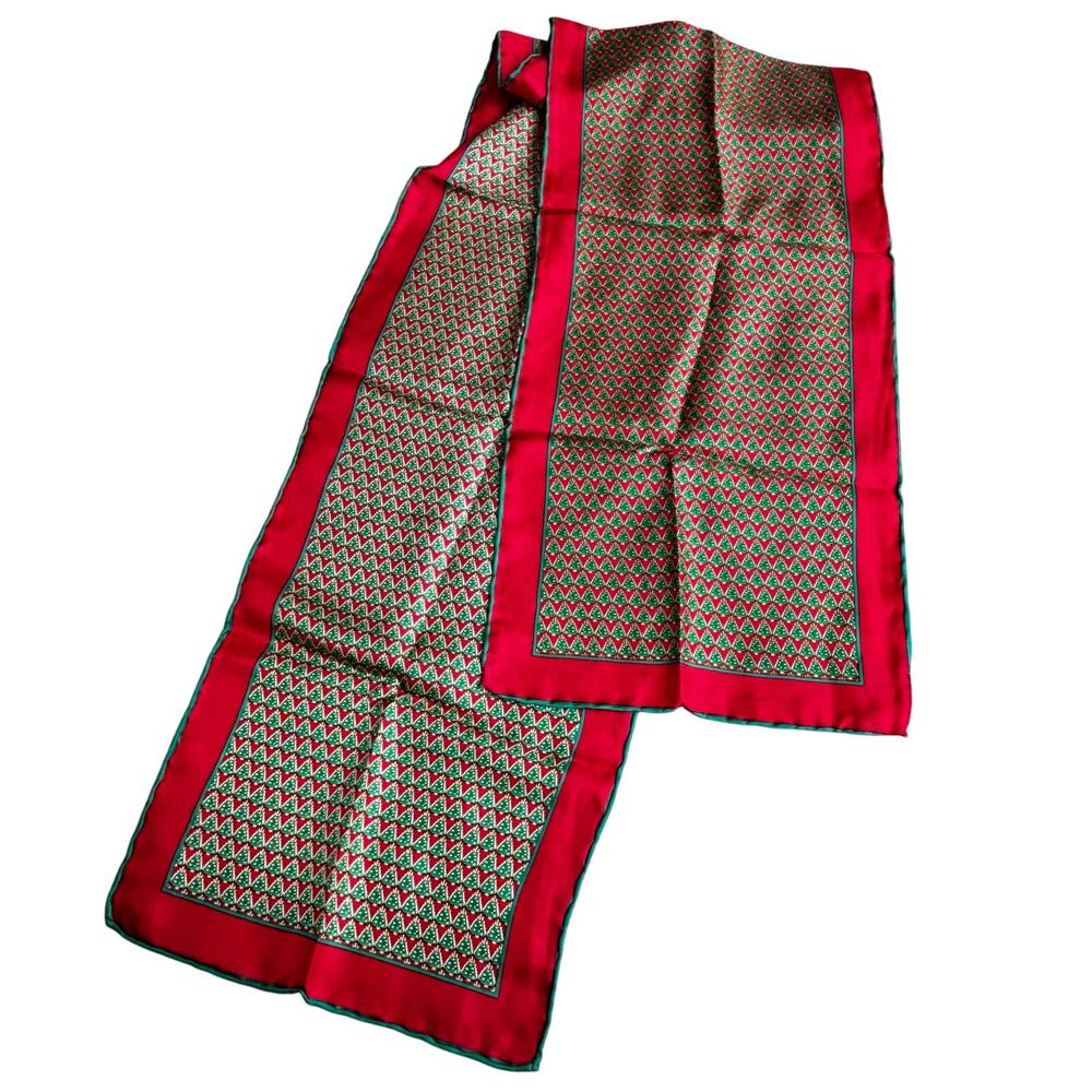 Vintage Alynn silk scarf festive Christmas holiday theme red green rectangle